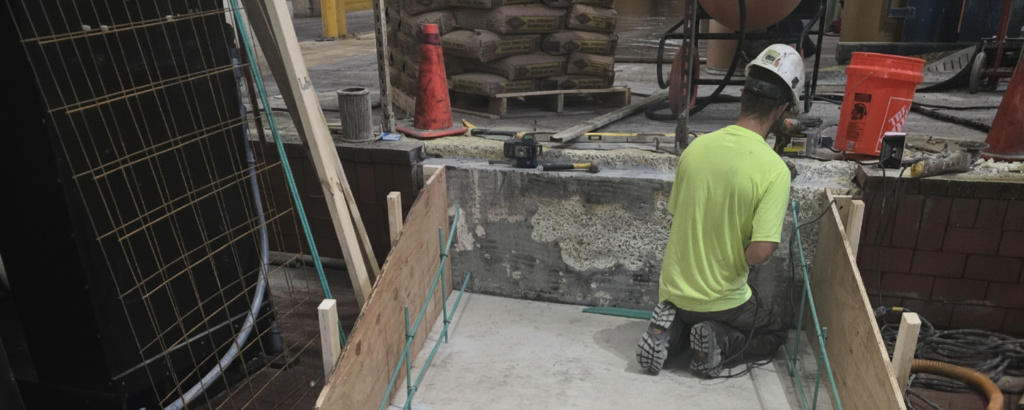 Worker preparing the base and rebar framework for an industrial concrete ramp installation.