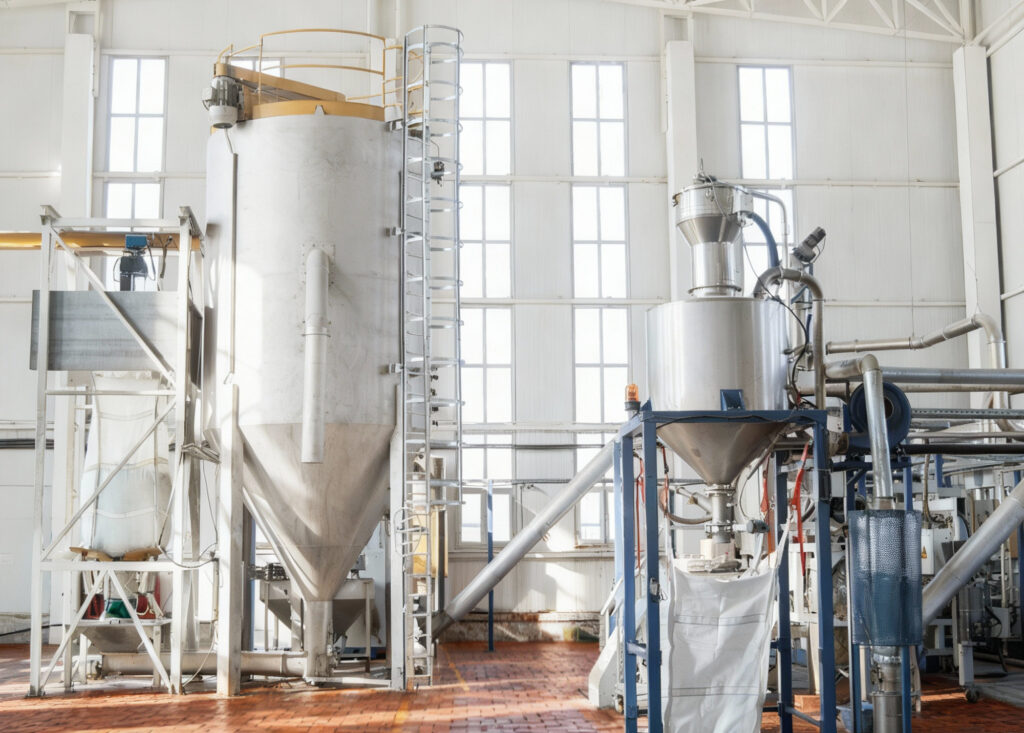 Industrial processing equipment with stainless steel hoppers and piping inside a bright manufacturing facility.